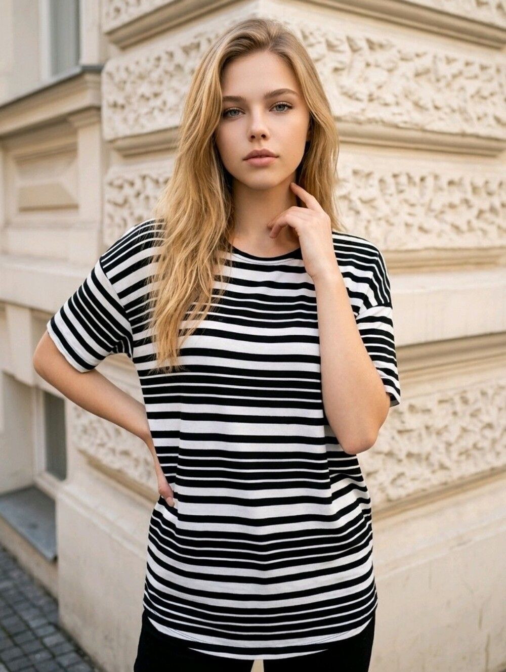 LuLaRoe Irma Oversized Tee Black Stripe High Low Swing Tee Leggings Top Minimal